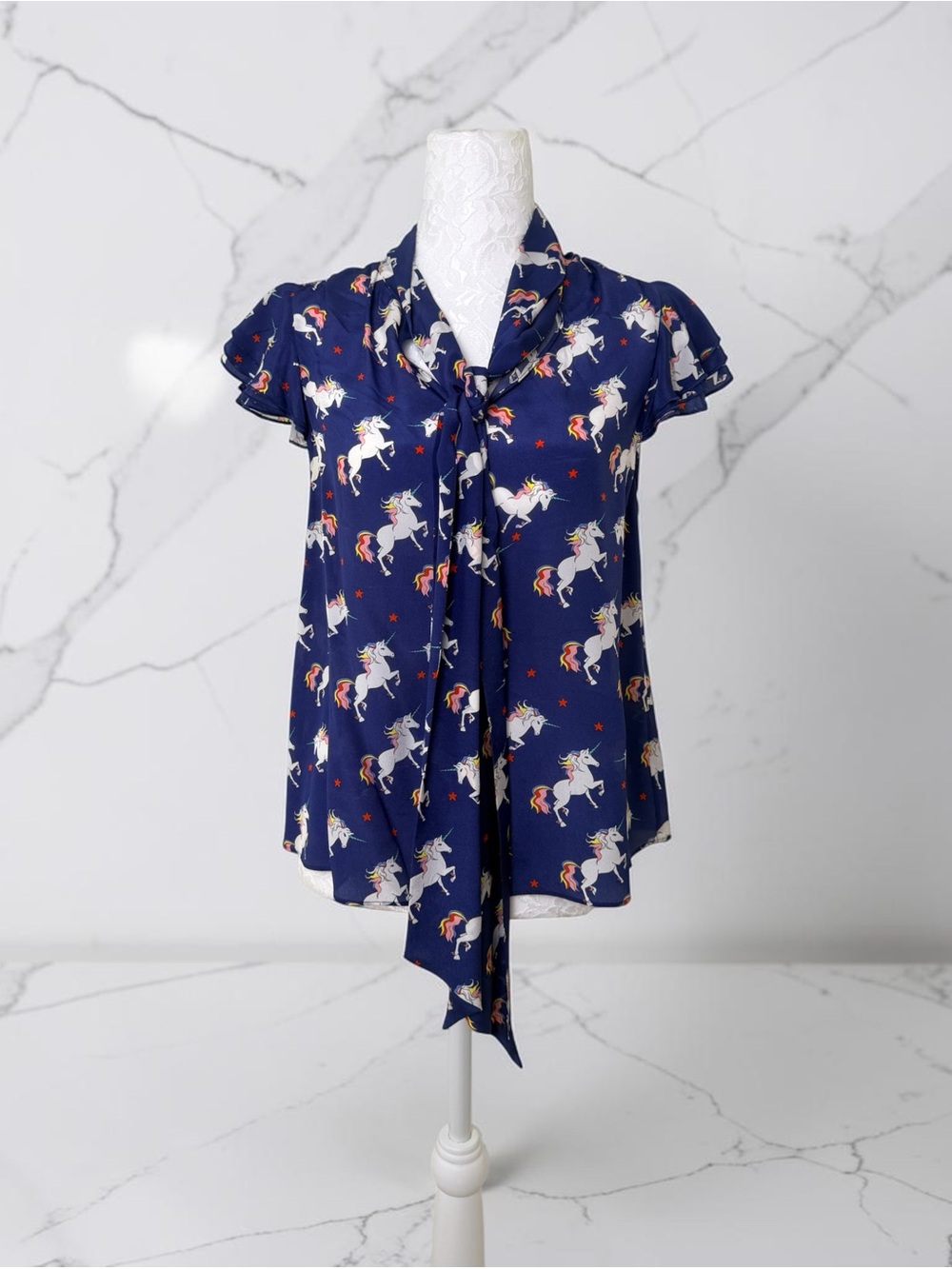Alice + Olivia Navy Unicorn Tie-Neck Blouse